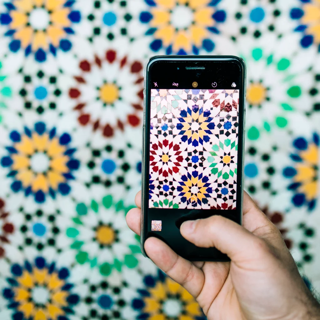 About 1 smartphone taking photo oriental pattern